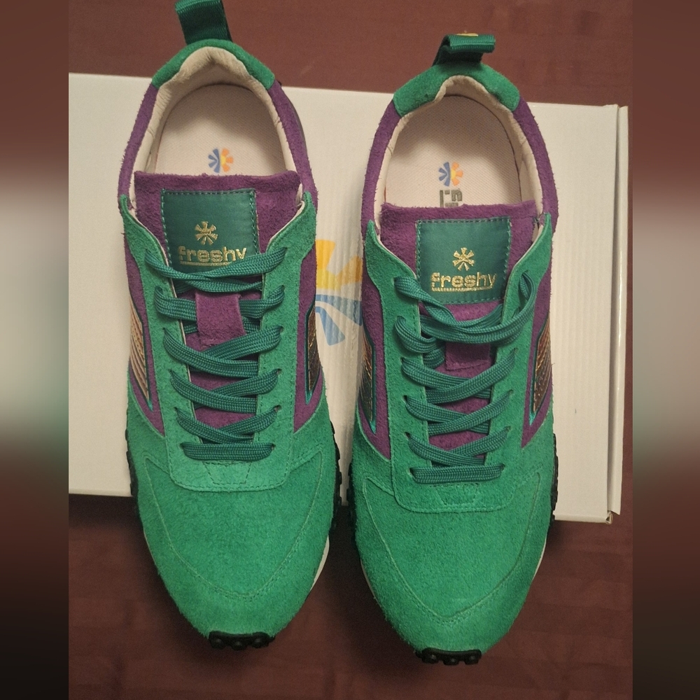 Freshy Green and Purple Sneakers with Freshy Logo on Sole